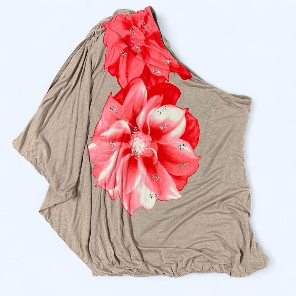 Y2K One Shoulder Flowy Blouse Pink Beaded Flowers Medium Retro Boho 2000s